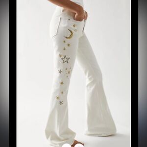 NWT Free People by Driftwood Farrah White Flare Pants with Gold Star Accents